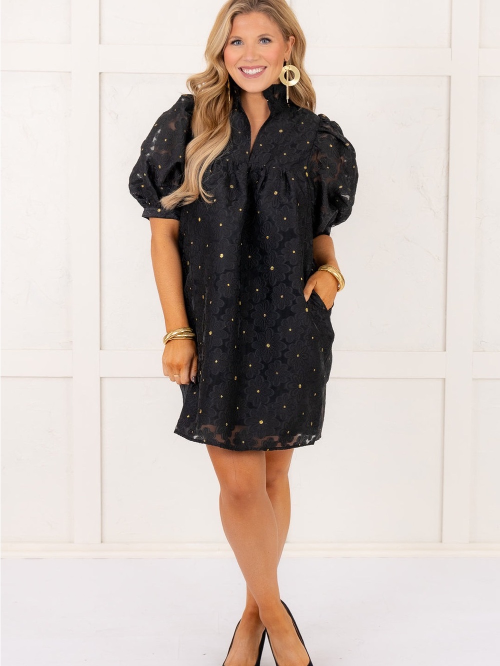 Jade Melody by Tam Black Eyelet Puff-Sleeve Mini Dress with Gold Accents